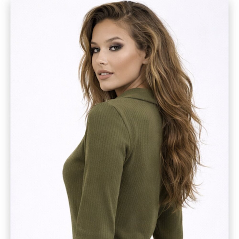 โจ Olive Ribbed Collared Knit Dress โจ - Picture 3 of 4